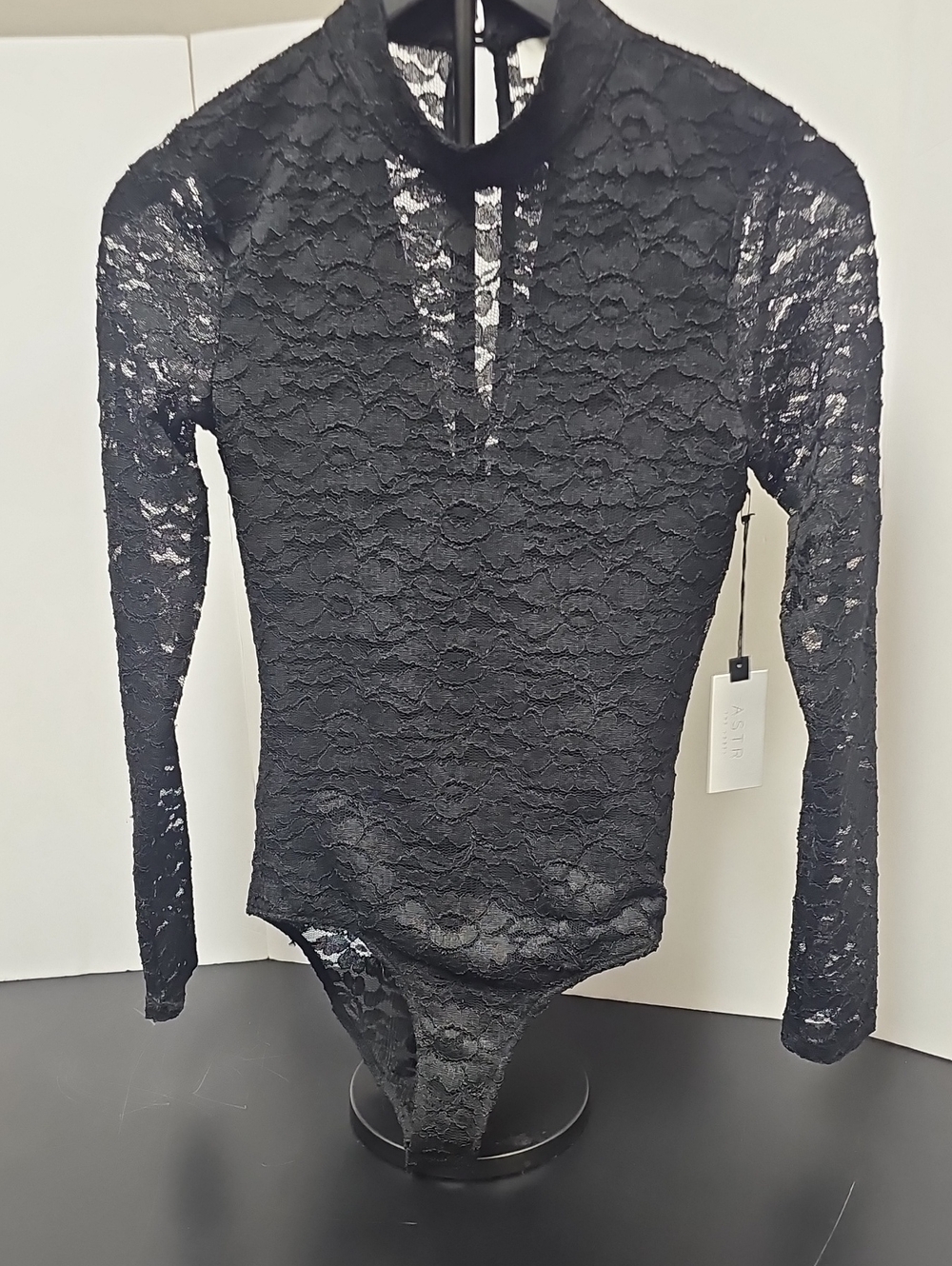 Astr Black Long-Sleeve Lace Mock-Neck Bodysuit